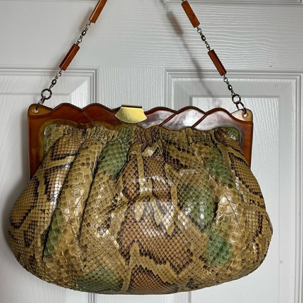 Vintage Colombetti Milano Python snake skin shoulder Bag Lucite frame